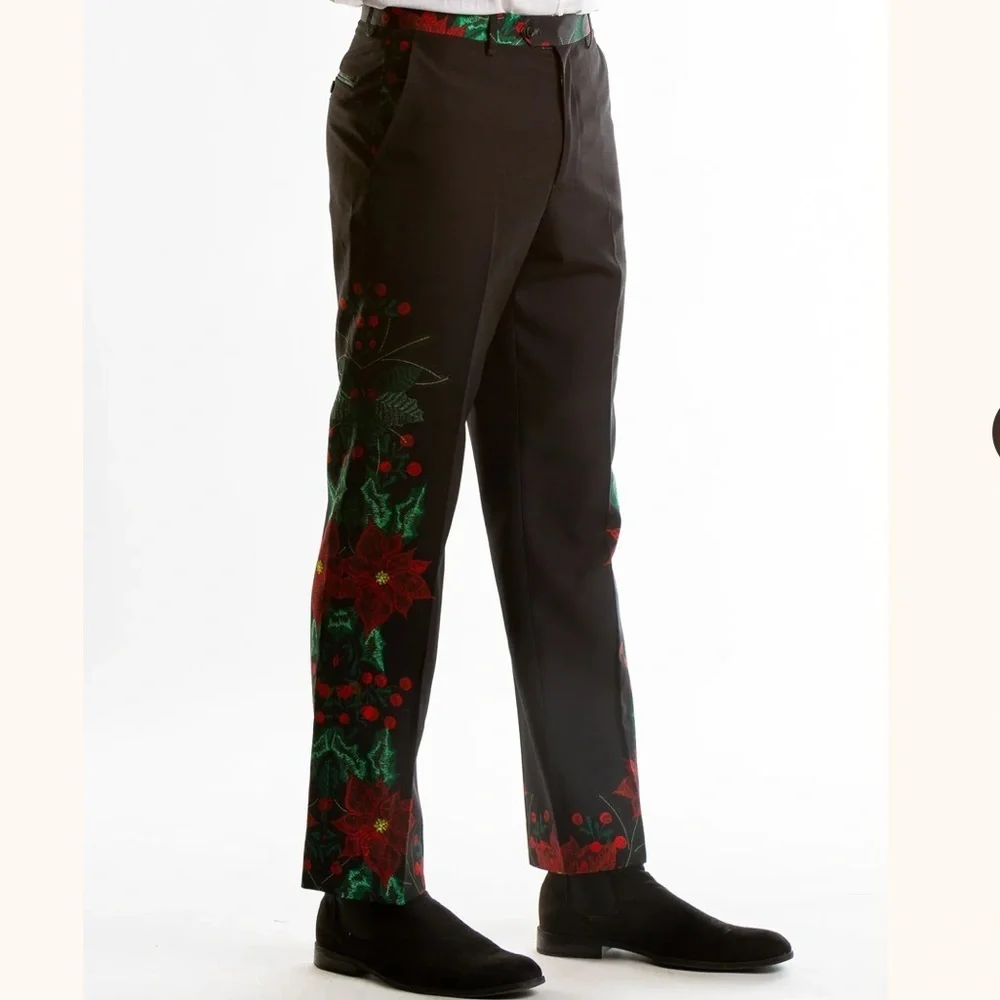Shinesty Floral Black Pants with Red and Green Accents Sz 34X33